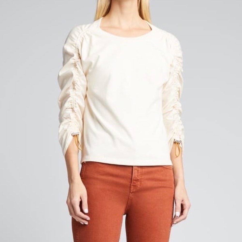 VERONICA BEARD Cream Ruched Sleeve Quiet Luxury Retro Mod Luxe Designer Top XL
